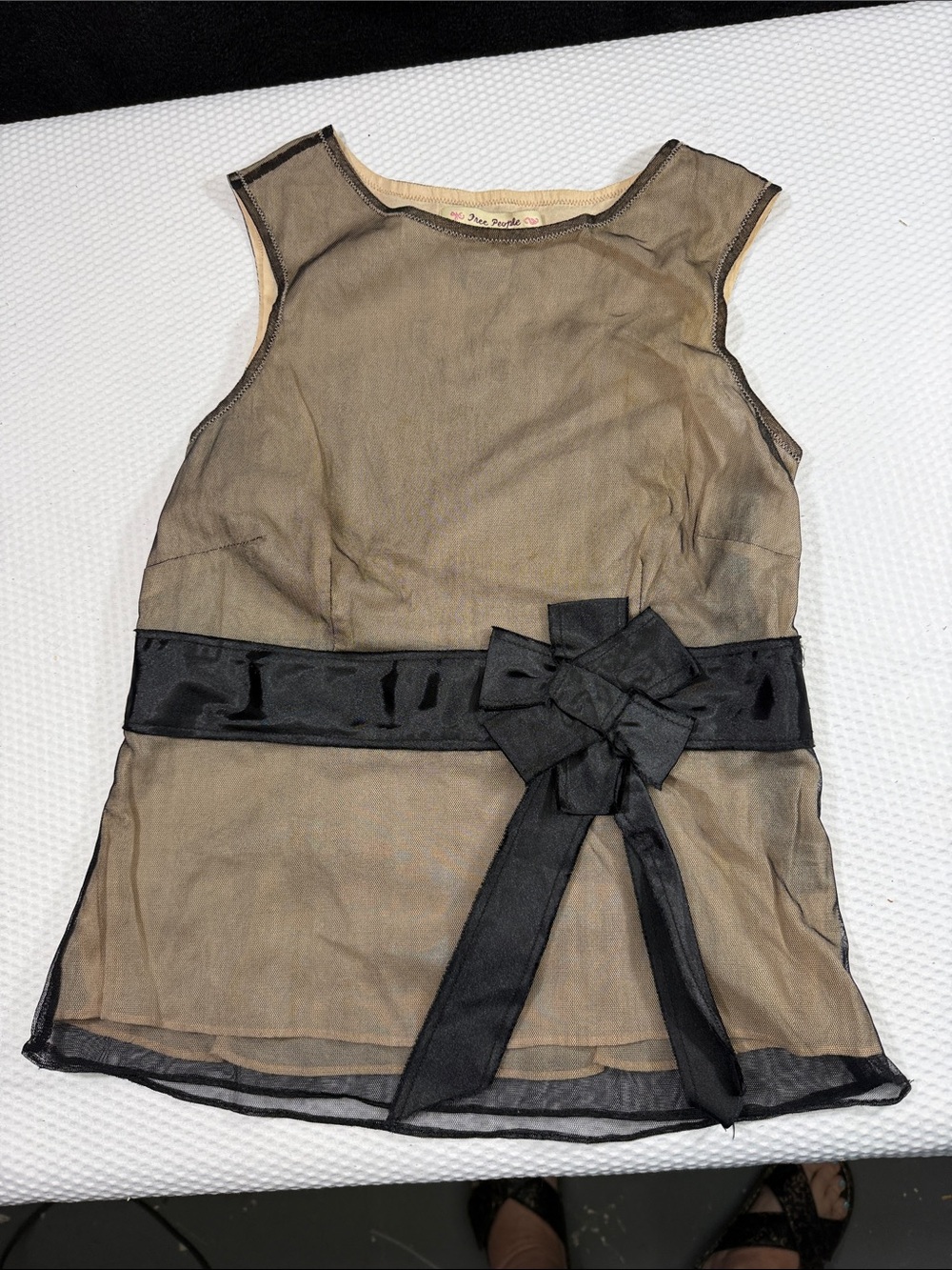 Free People Black Satin-Bow Sheer Mesh Overlay Top